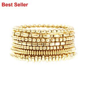 14K Gold Plated Beaded Stretch Bracelets Set Stackable Hypoallergenic